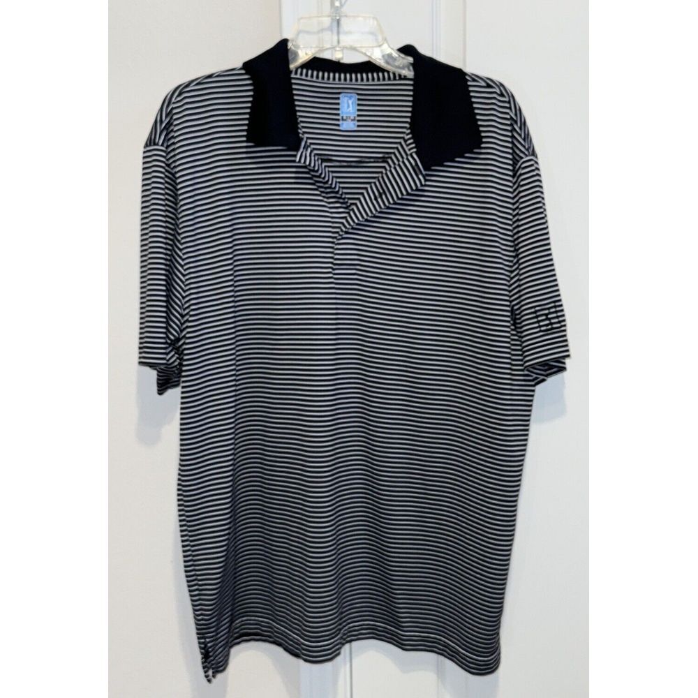 PGA Tour Polo‎ Shirt Mens XL Black White Striped Golf Short Sleeve Henley Logo